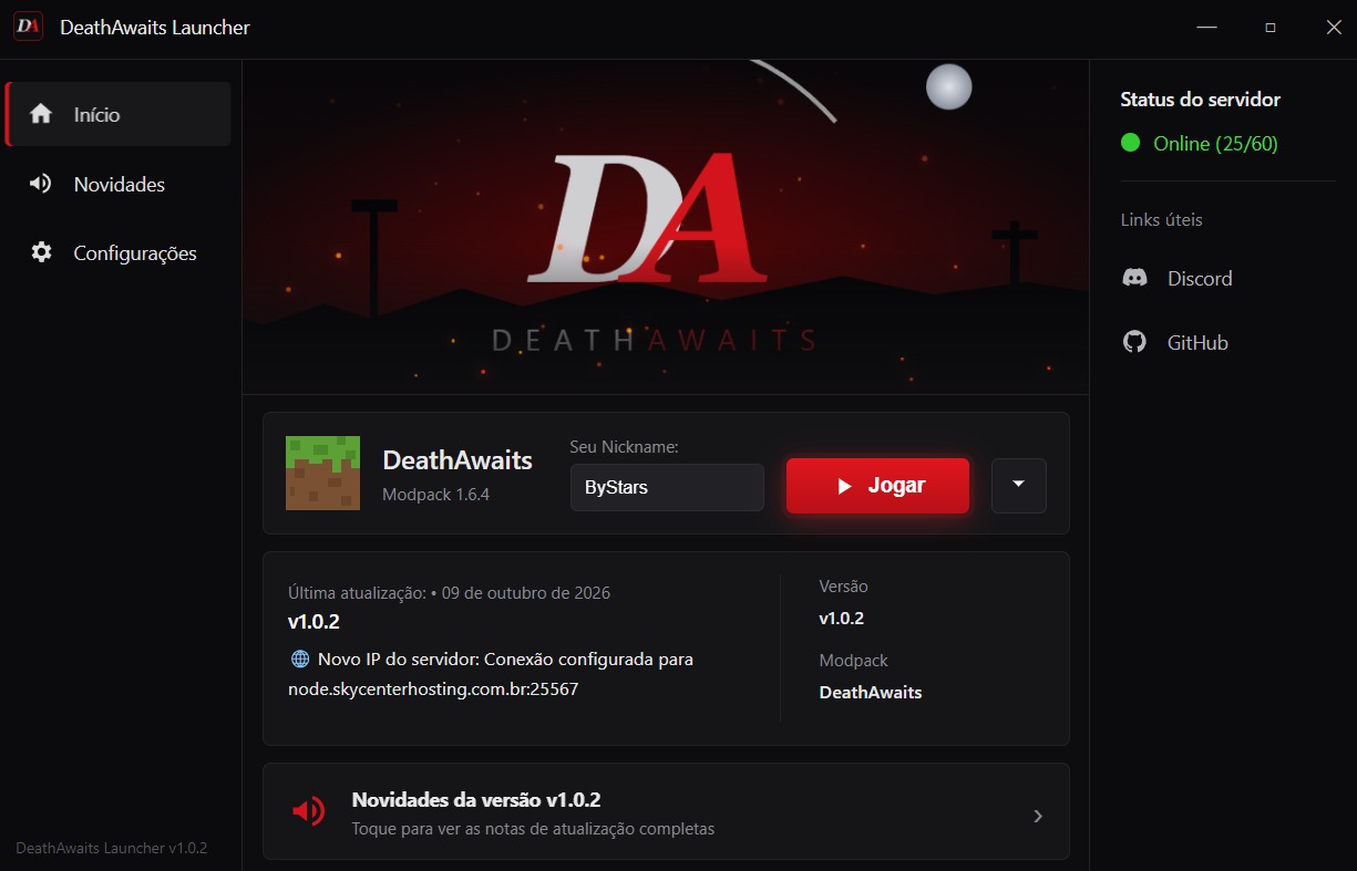 Tela inicial do DeathAwaits Launcher, com o campo de nickname, o botão Jogar e o status do servidor