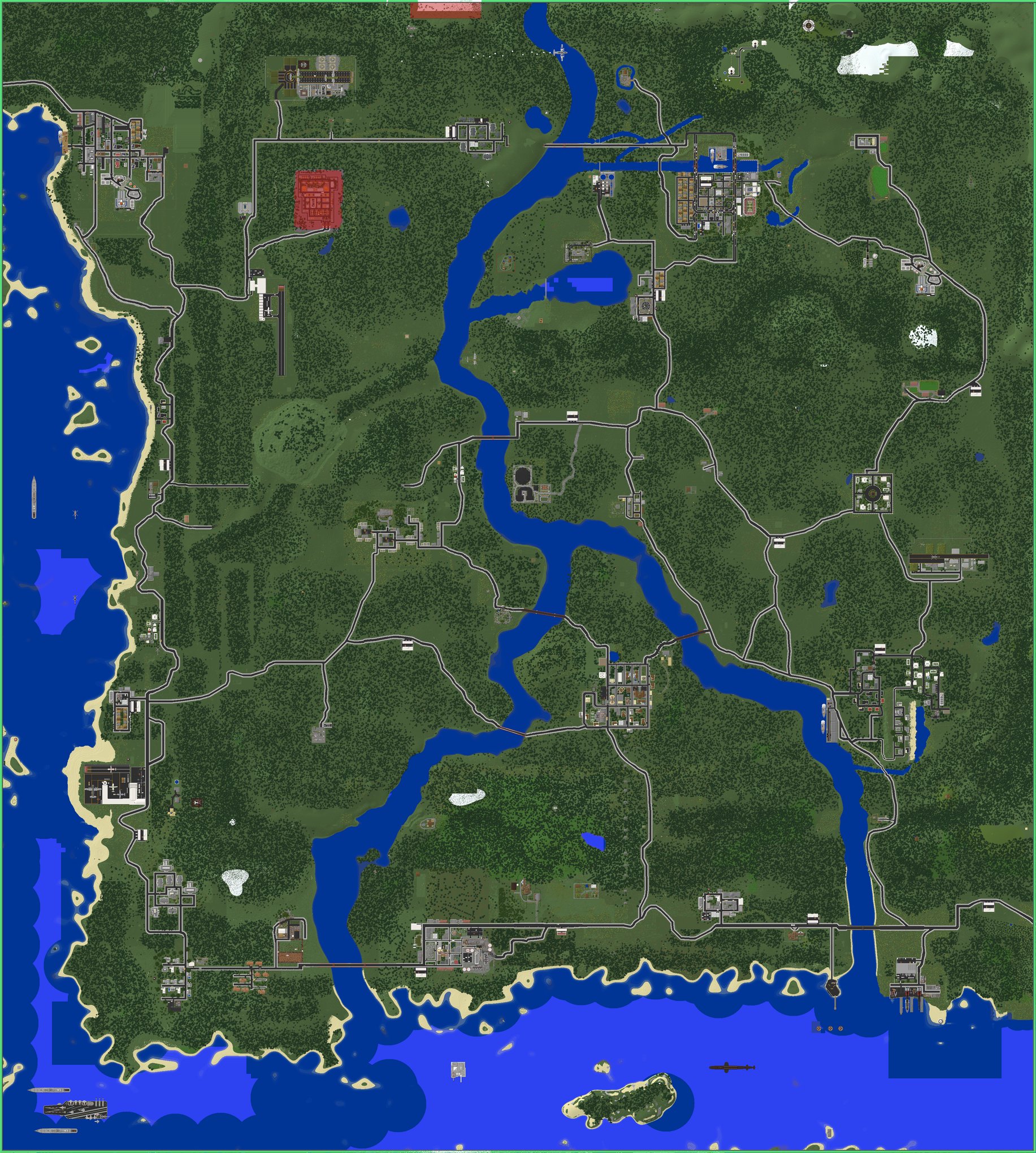 Mapa real do servidor DeathAwaits visto de cima: rio grande cortando o mapa de norte a sul, mar a oeste e ao sul, cidades, bases e uma ilha